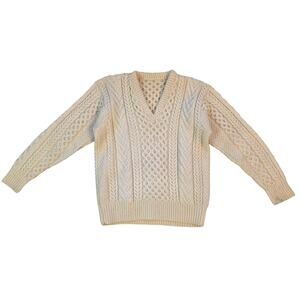 Vintage Fisherman Cable Knit Sweater Cream Wool Chunky V Neck Small